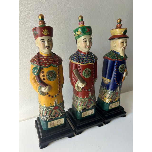Late 20th Century Vintage Chinese Porcelain Figures of the Three Sovereigns Emperors on Wooden Base - Set of 3 For Sale - Image 5 of 12
