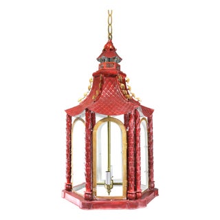 Beautiful Vintage Red With Gold Accents, Chinese-Style Pagoda Chandelier For Sale