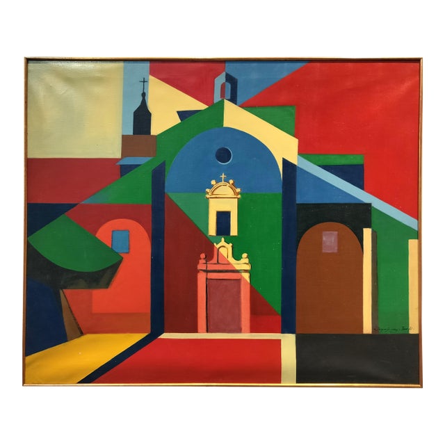 Colorful Mid Century Modern Color Block Painting of St Martin Church by Jacques Lamy For Sale