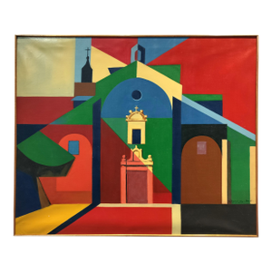Colorful Mid Century Modern Color Block Painting of St Martin Church by Jacques Lamy