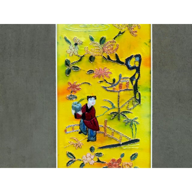 Wood Vintage Yellow Scenery Embroidered Rectangular Framed Wall Art B For Sale - Image 7 of 14