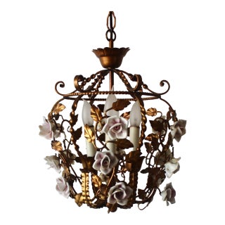 Italian Tole Gilded Three-Bulb Ceiling Light Fixture Chandelier Lamp Porcelain Roses Detail Vintage Mid Century For Sale