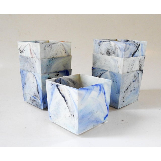 MidCentury Modern Marbled Blue Plastic Flower Pot Covers Set of 7