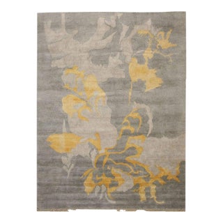 8x10 Gray Hand-Knotted Wool Bamboo Silk Distressed Damask Abstract Carpet Rug For Sale