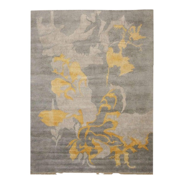 8x10 Gray Hand-Knotted Wool Bamboo Silk Distressed Damask Abstract Carpet Rug For Sale