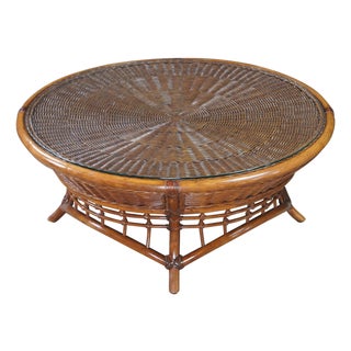 Mid 20th Century Mid Century Bohemian Round Woven Bamboo Rattan Coffee Table 38" For Sale