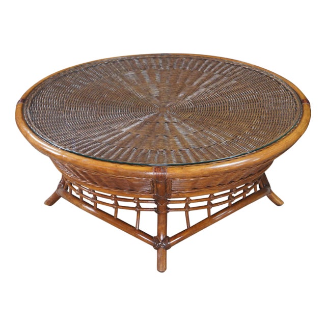 Mid 20th Century Mid Century Bohemian Round Woven Bamboo Rattan Coffee Table 38" For Sale