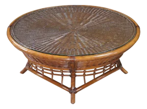 Mid 20th Century Mid Century Bohemian Round Woven Bamboo Rattan Coffee Table 38"