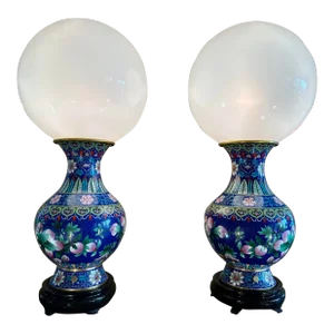 Pair of 1920s Large Chinese Cloisonne Enamel Vase Globe Table Lamps