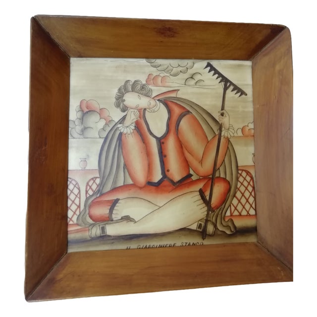 The Tired Gardener Framed Tile by Gio Ponti for Richard-Ginori San Cristoforo, Italy, 1920s For Sale