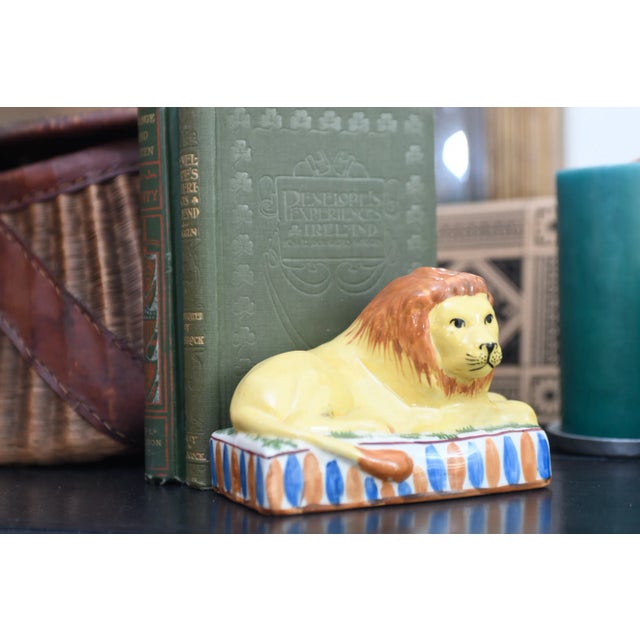 Light Yellow Original Pair of Antique Staffordshire Recumbent Lion Figurines on Striped Rectangular Plinths- Set of 2 For Sale - Image 8 of 9