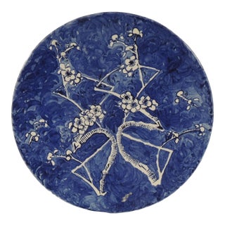 Round Cobalt Blue & White Graphic Pattern Decorative Wall Plate From Costa Rica For Sale