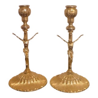 Pair of Antique Gilt Brass Candlesticks With Crucifix Figures For Sale