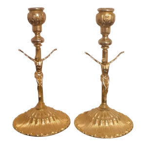 Pair of Antique Gilt Brass Candlesticks With Crucifix Figures