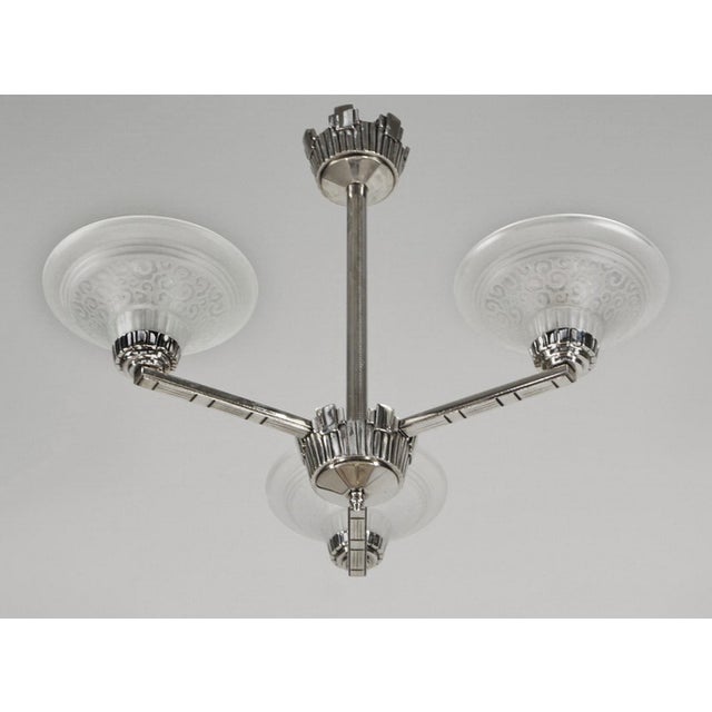 Art Deco Muller Freres French Art Deco 3-Arm Chandelier 1930s - Volute Frosted Glass For Sale - Image 3 of 7