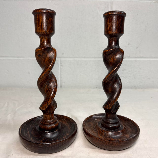 Up for sale is a wonderful pair of antique 19th century hand turned English wood candlesticks. They are made with...