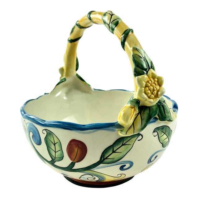 Fitz & Floyd Majolica Style Ceramic Top Handle Bowl Basket For Sale