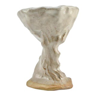 Vintage Naïve Art Pottery Goblet With Hand Pressed Stem Signed Mary For Sale