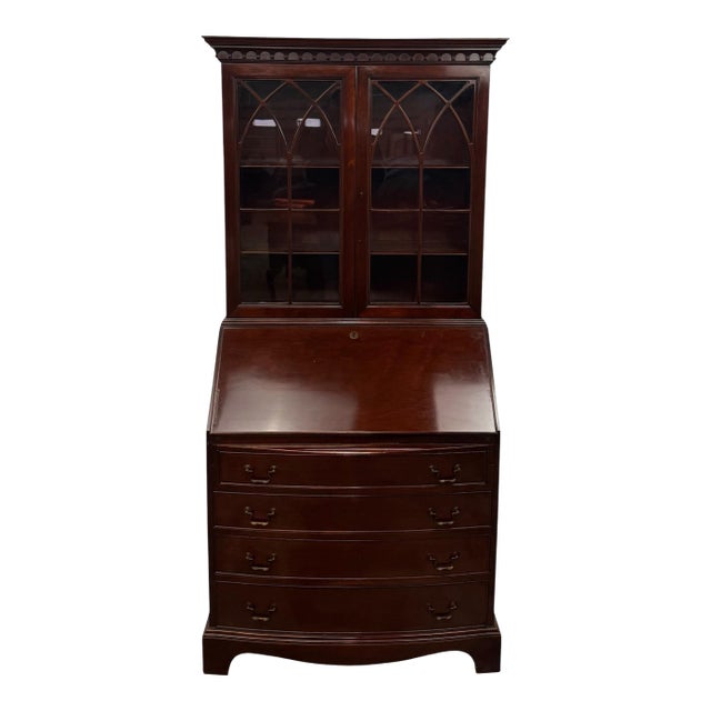 Vintage Traditional Chippendale Style Serpentine Solid Mahogany Secretary Desk For Sale