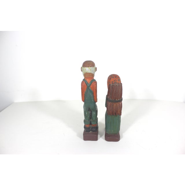 Vintage Hand Carved Painted Wood Man and Woman Folk Art Couple Figurines Carving, Shelf Decor For Sale - Image 4 of 12