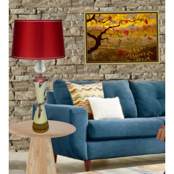 Early 21st Century Art Glass Table Lamp: Milk Glass Mauve Oval Abstract Pattern For Sale - Image 5 of 12