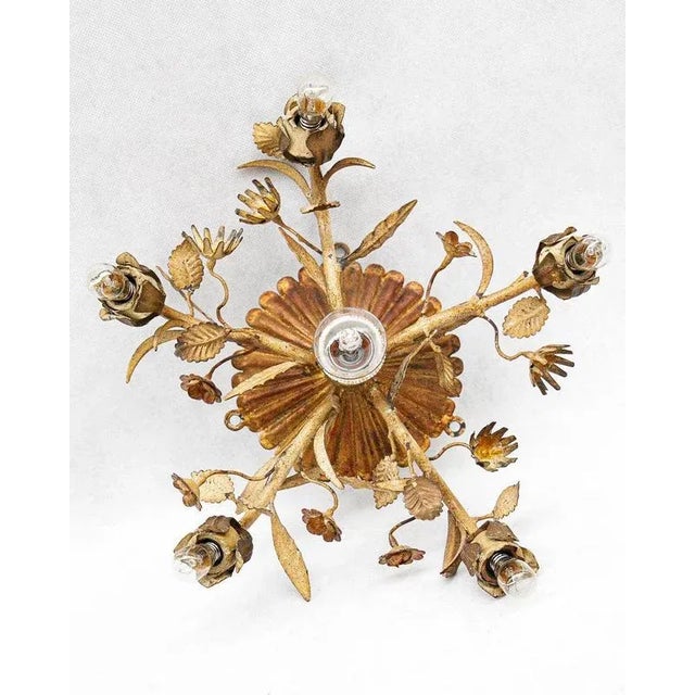 French Tole Rose Flush Mount Ceiling Light For Sale - Image 3 of 8