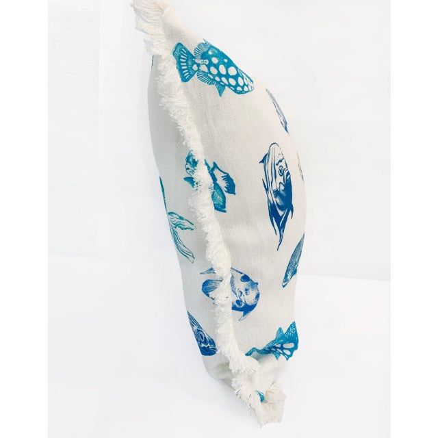 Illustration Artisan “Fish” Turquoise Blue Hand Printed on Linen Pillow Cover, 20". - For Sale - Image 3 of 13