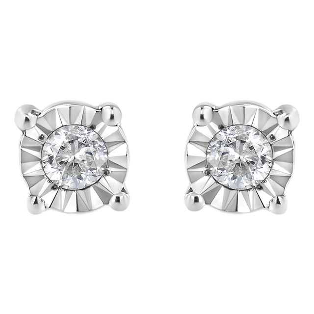 .925 Sterling Silver 1/10 Cttw Round Brilliant-Cut Diamond Miracle-Set Stud Earrings (J-K Color, I3 Clarity) For Sale