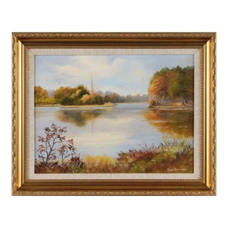 Oil Painting of Lake Scene Northern Ireland With Village Church by Irish Artist For Sale