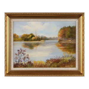 Oil Painting of Lake Scene Northern Ireland With Village Church by Irish Artist