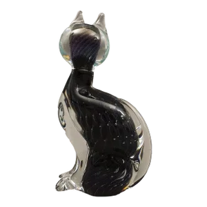 Vintage Mid 20th Century Murano Italian Black Iridescent Dichroic Art Glass Cat Figurine