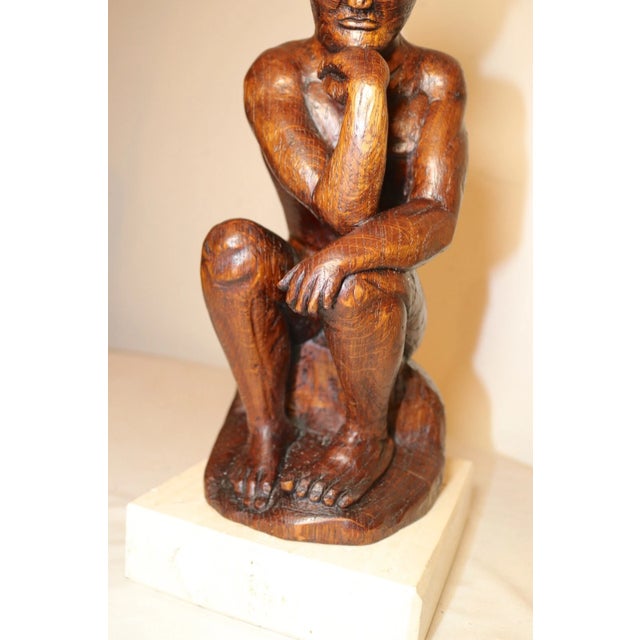Brown Antique 1800's Folk Art Hand Carved Wood Figural Thinking Man Sculpture Statue For Sale - Image 8 of 12