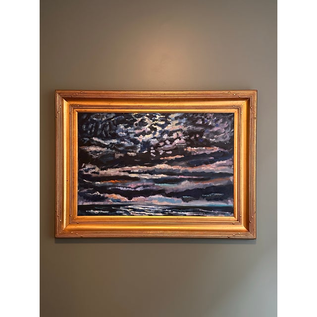 "Shine on Harvest Moon." Vintage moody moonlit seascape oil on canvas by Pennsylvania artist Charles Frith (1939-2005)....