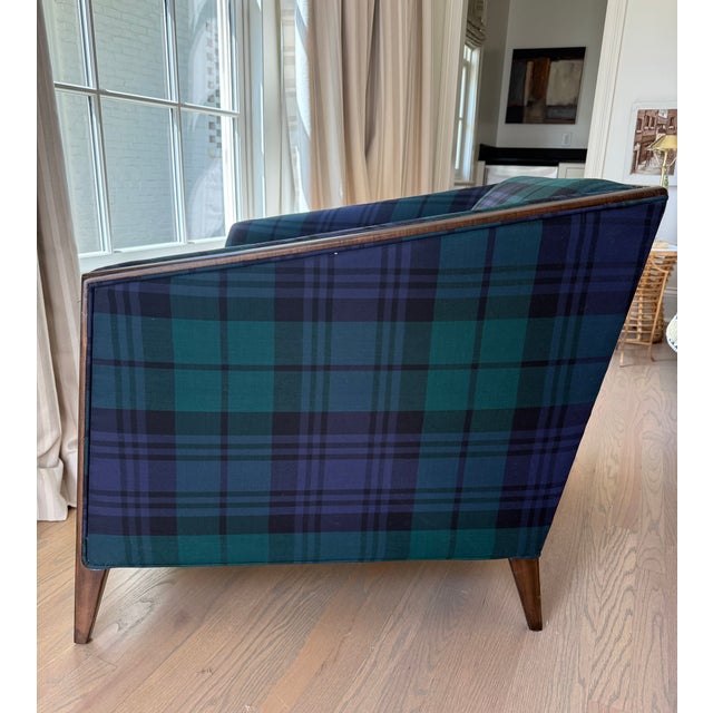 Handsome chair by Bernhardt featuring an angled exposed wood frame and tapered legs. The soft black watch plaid Ralph...