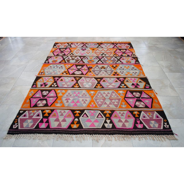 Vibrant Turkish Kilim Rug, 1966 Dated Vintage Tribal Rug, Pink and Orange Geometric Flatweave 6x8 Ft Approx For Sale - Image 17 of 18