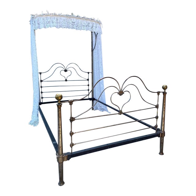 Antique Heart Shape Iron Bed Frame "Half Tester Canopy" and Side Rails For Sale