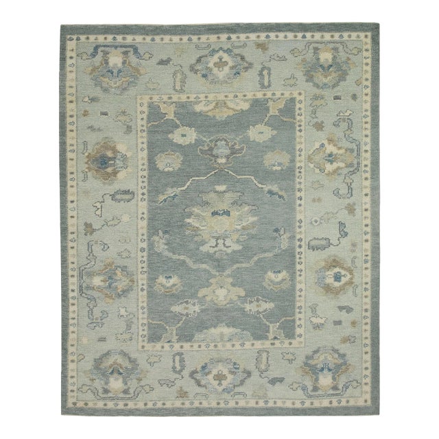 Early 21st Century Blue Floral Design Handwoven Wool Turkish Oushak Rug 4'11" X 6'7" For Sale