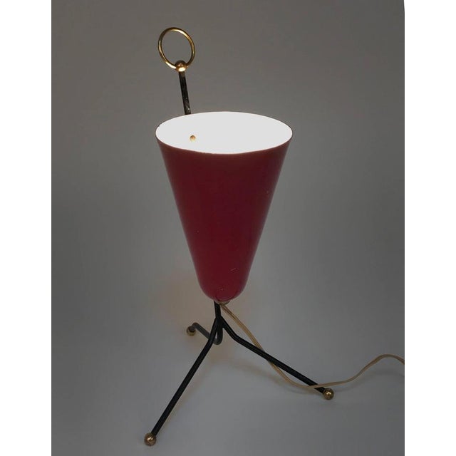 Metal Italian Tripod Conical Red Lacquered Metal and Brass Table Lamp, 1950s For Sale - Image 7 of 9