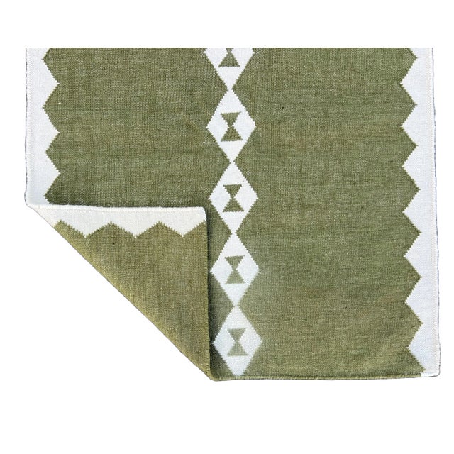 Casa Cosima Handmade New Zealand Wool Dhurrie Runner, Olive Green and Cream Geometric Runner Rug- 3'x16' For Sale - Image 4 of 13