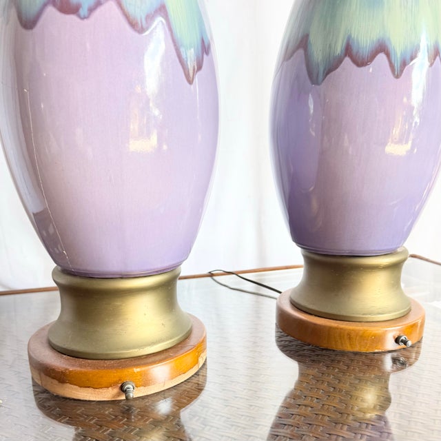 Mid Century Modern Lilac and Sky Blue Glazed Ceramic Table Lamps - A Pair For Sale - Image 9 of 10