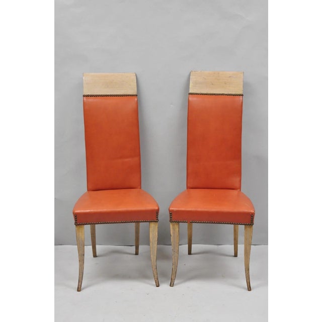 Vintage French Art Deco Gio Ponti Style High Back Pickled Wash Side Chairs - a Pair. Chairs feature sleek backs and...