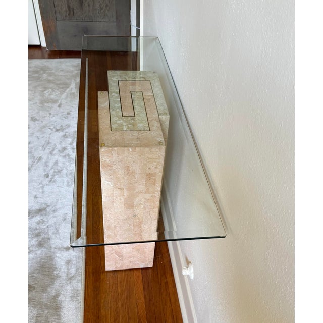 A Pink Fossil Stone Console Table With Glass Top by Magnussen, Circa 1980 For Sale In Los Angeles - Image 6 of 12