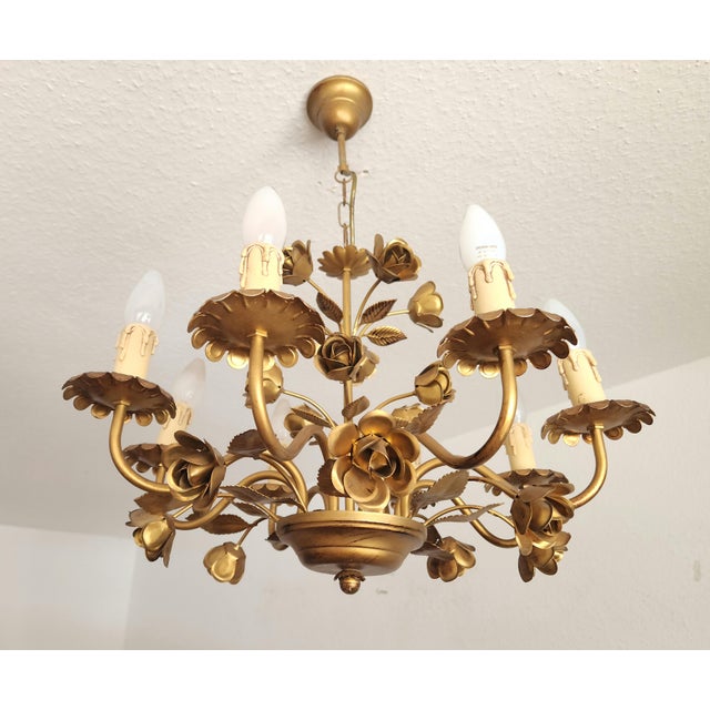 Metal Hollywood Regency Eight-Light Floral Chandelier in Hand-Forged Dark Gilt Metal, Germany, 1960s For Sale - Image 7 of 18