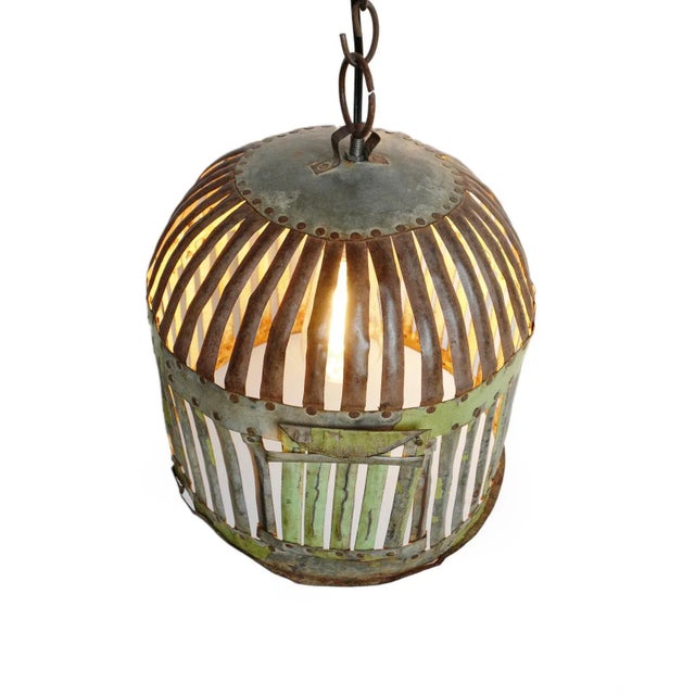 Vintage Industrial Green Iron Basket Cage Pendant Light For Sale - Image 4 of 8
