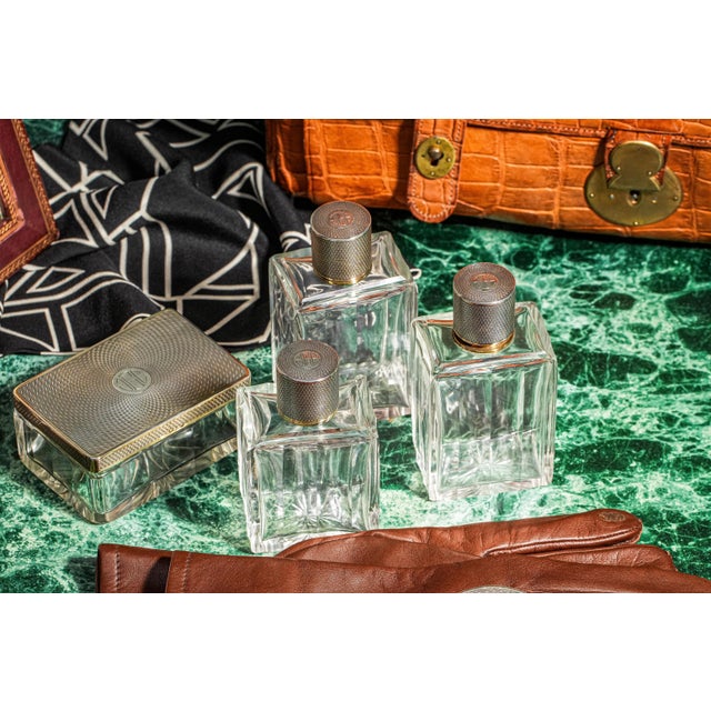 Art Deco Stunning Engine Turned Antique French Sterling Silver Crystal Vanity Dresser Set Cologne Bottle Box Home Decor For Sale - Image 3 of 16