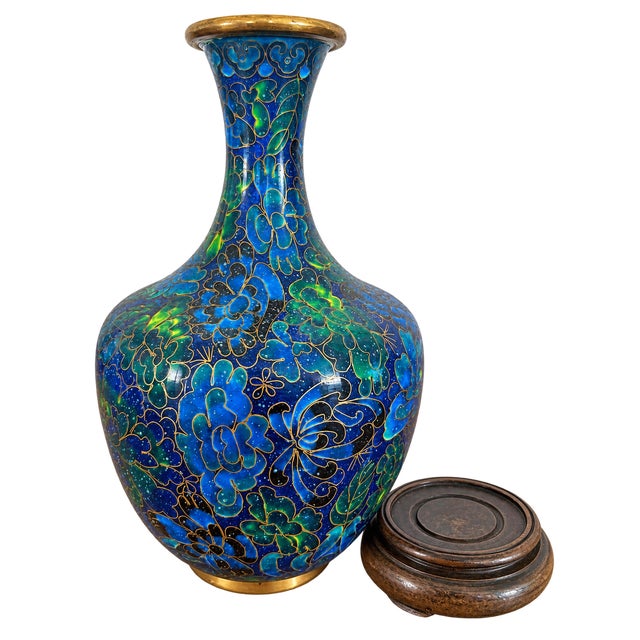 A striking mid-century Chinese cloisonné vase featuring an exceptionally vibrant palette of rich navy blue, brilliant...
