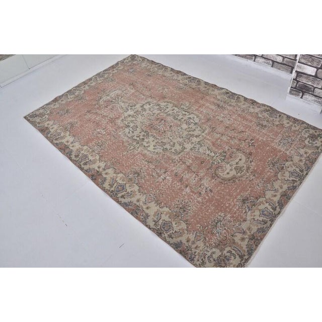 Turkish Vintage Distressed Anatolian Area Rug, Faded Terracotta and Grey-Blue Floral Medallion For Sale - Image 3 of 10