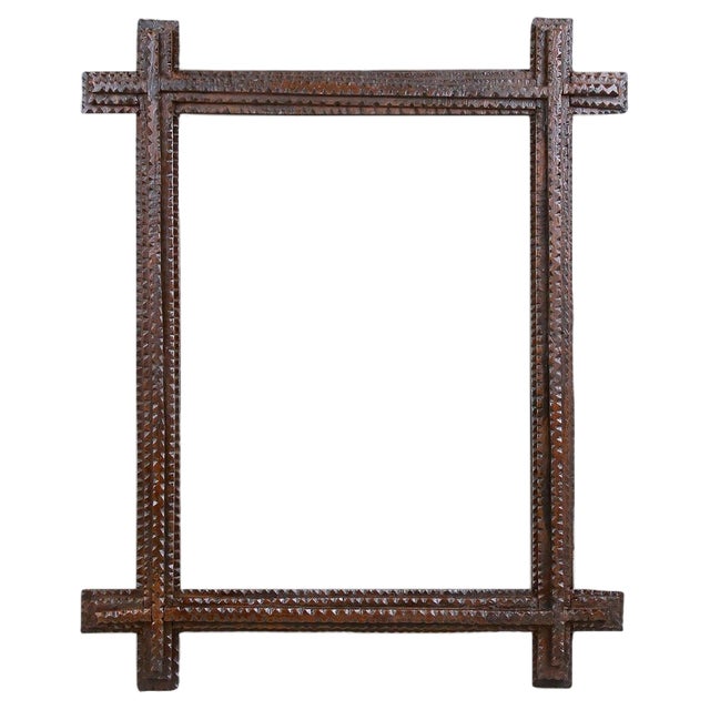 Tramp Art Rustic Wall Mirror in Hand Carved Basswood, Austria, 1860 For Sale