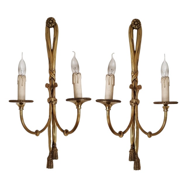 Large 19th Century French Gilt Bronze Knot, Tassel & Ribbon Wall Lights Sconces, Set of 2 For Sale