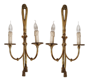 Large 19th Century French Gilt Bronze Knot, Tassel & Ribbon Wall Lights Sconces, Set of 2